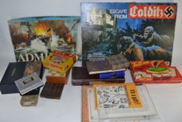 BOX OF VINTAGE GAMES TO INCLUDE ESCAPE FROM COLDITZ, TIDDLYWINKS ETC