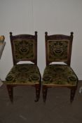 PAIR OF EARLY 20TH CENTURY GREEN UPHOLSTERED DINING CHAIRS, (FRONT TWO LEGS ON CASTERS), 100CM HIGH