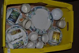 BOX CONTAINING WHITE AND FLORAL PLATES AND CUPS AND MUGS