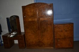 ART DECO WALNUT VENEERED BEDROOM SUITE COMPRISING A WARDROBE, DRESSING TABLE WITH MIRRORED BACK