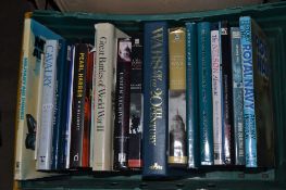 BOX OF MIXED BOOKS TO INCLUDE WARS OF THE 20TH CENTURY, ROYAL NAVY HISTORY, CAVALRY ETC