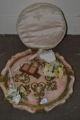 TRAY CONTAINING SMALL SILK CUSHION WITH FLEUR DE LYS DESIGN AND TWO CANDLES AND OTHER FLORAL ITEMS