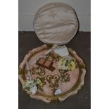 TRAY CONTAINING SMALL SILK CUSHION WITH FLEUR DE LYS DESIGN AND TWO CANDLES AND OTHER FLORAL ITEMS