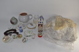 TRAY CONTAINING POOLE POTTERY, LACE ETC