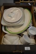 BOX CONTAINING SERVING DISHES TOGETHER WITH WHITE WARE POTS