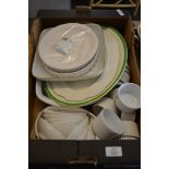 BOX CONTAINING SERVING DISHES TOGETHER WITH WHITE WARE POTS