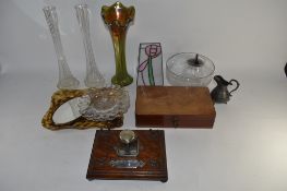 TRAY CONTAINING GLASS WARE TOGETHER WITH MOUNTED INKWELL, CASED DOMINO SET ETC
