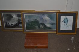 BOX CONTAINING PAIR OF GILT FRAMED UNSIGNED RURAL VILLAGE SCENES TOGETHER WITH A FRAMED PRINT OF A