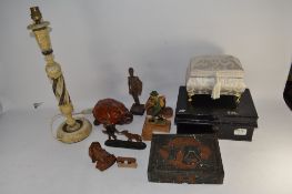 BOX OF SUNDRIES TO INCLUDE TABLE LAMP, POTTERY MODEL OF A TORTOISE ETC