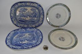 TWO DAVENPORT PLATES TOGETHER WITH TWO BLUE AND WHITE DISHES PLUS A FURTHER MINIATURE PAPERWEIGHT OF