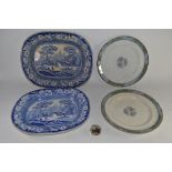 TWO DAVENPORT PLATES TOGETHER WITH TWO BLUE AND WHITE DISHES PLUS A FURTHER MINIATURE PAPERWEIGHT OF