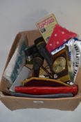 BOX OF SUNDRIES TO INCLUDE QUARTZ MANTEL CLOCK, CLUTCH BAGS ETC