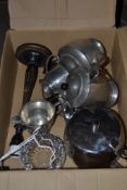 BOX CONTAINING PART PEWTER TEA SET, STAINLESS TEA POT ETC