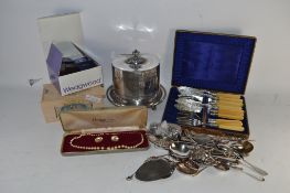 TRAY CONTAINING SUNDRIES TO INCLUDE SILVER PLATED CUTLERY, COLLECTORS THIMBLES, NECKLACE ETC