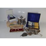 TRAY CONTAINING SUNDRIES TO INCLUDE SILVER PLATED CUTLERY, COLLECTORS THIMBLES, NECKLACE ETC