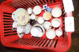 TRAY CONTAINING MINIATURE ITEMS, SHELLEY CUP AND SAUCER, COALPORT CUPS AND SAUCERS ETC