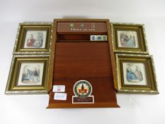 WOODEN BOX CONTAINING SOME DICE, TOGETHER WITH FOUR SMALL PRINTS IN FRAMES