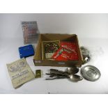 BOX CONTAINING COINAGE, PLATED SERVING SPOONS ETC