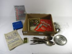 BOX CONTAINING COINAGE, PLATED SERVING SPOONS ETC