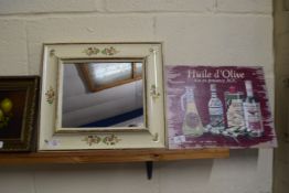 MIRROR WITH WOODEN FRAME DECORATED WITH FLOWERS, TOGETHER WITH A REPRODUCTION WOODEN ADVERTISING