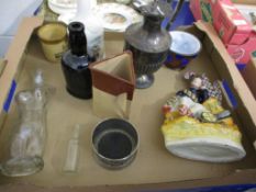 TRAY CONTAINING CERAMIC AND PLATED ITEMS INCLUDING STAFFORDSHIRE MODEL OF A HIGHLANDER, PLATED JUG