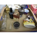 TRAY CONTAINING CERAMIC AND PLATED ITEMS INCLUDING STAFFORDSHIRE MODEL OF A HIGHLANDER, PLATED JUG