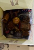 BOX CONTAINING SMALL WOODEN ITEMS, BOXES, MODELS OF ELEPHANTS ETC