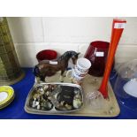 TRAY CONTAINING GLASS WARES, FACETED GLASS VASE, RUBY GLASS VASE AND A CERAMIC MODEL OF A HORSE