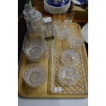 CUT GLASS WARES INCLUDING DECANTER WITH PLATED WHISKY LABEL ETC