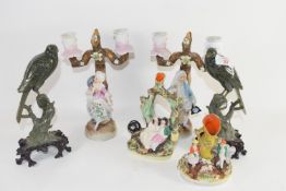 CERAMIC ITEMS INCLUDING TWO CANDELABRA AND TWO MODELS OF BIRDS ON WOODEN MOUNTS