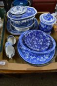 BOX CONTAINING BLUE AND WHITE WARES, SERVING DISHES ETC INCLUDING ENOCH WOOD DISH IN GEORGIAN DESIGN