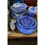 BOX CONTAINING BLUE AND WHITE WARES, SERVING DISHES ETC INCLUDING ENOCH WOOD DISH IN GEORGIAN DESIGN