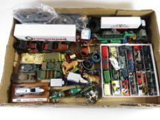 BOX CONTAINING DINKY TOYS ETC, SOME MILITARY TANKS, VINTAGE CARS ETC