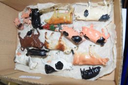 BOX CONTAINING METAL TOY FARMYARD ANIMALS, SOME BRITAIN'S, MODELS OF COWS ETC