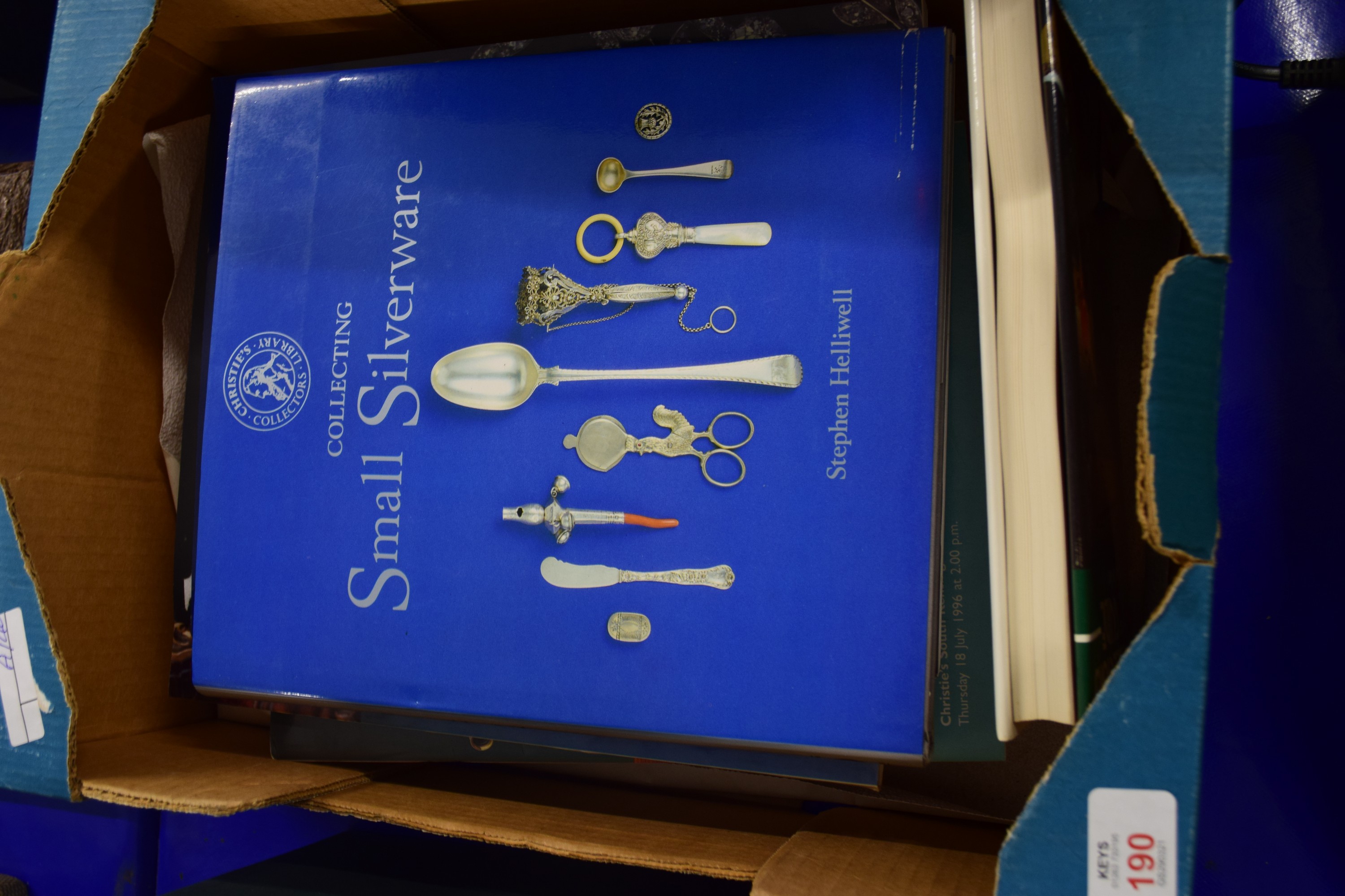 BOX OF AUCTION CATALOGUES AND CHRISTIES "COLLECTING SMALL SILVERWARE" BOOK