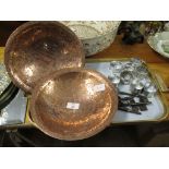 TRAY CONTAINING TWO COPPER BOWLS, ORIENTAL DESIGN, AND GROUP OF PLATED NAPKIN RINGS AND ONE SILVER