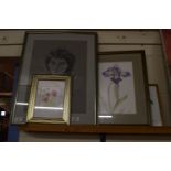 PENCIL DRAWING OF A YOUNG BOY INDISTINCTLY SIGNED BRUSSELS 1984, TOGETHER WITH THREE FRAMED FLORAL