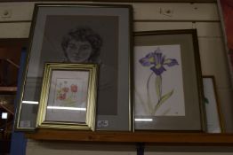 PENCIL DRAWING OF A YOUNG BOY INDISTINCTLY SIGNED BRUSSELS 1984, TOGETHER WITH THREE FRAMED FLORAL