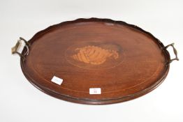 LARGE SERVING TRAY WITH METAL HANDLES AND SHELL INLAY TO CENTRE