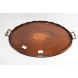 LARGE SERVING TRAY WITH METAL HANDLES AND SHELL INLAY TO CENTRE