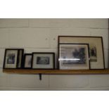 SIX PRINTS IN BLACK WOODEN FRAMES, MAINLY STATELY HOMES, AND PRINT OF CULFORD SCHOOL SIGNED BY