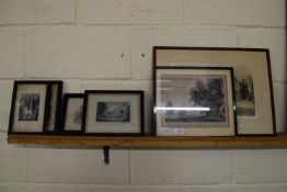 SIX PRINTS IN BLACK WOODEN FRAMES, MAINLY STATELY HOMES, AND PRINT OF CULFORD SCHOOL SIGNED BY