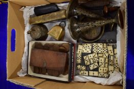 BOX CONTAINING COINAGE, SMALL DICE, SERIES OF POSTAL WEIGHTS, PAIR OF METAL VASES WITH NIELLO TYPE
