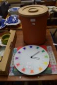KITCHEN CLOCK ETC INCLUDING LARGE KITCHEN POTTERY BOWL WITH WOODEN COVER