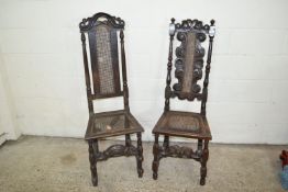 TWO SIMILAR HIGH BACKED CANE SEATED HALL CHAIRS, EACH APPROX 130CM HIGH