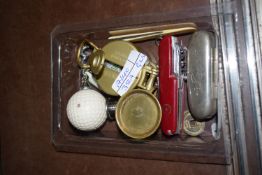 SMALL TRAY CONTAINING A SILVER METAL BOX WITH SYRINGE, PEN KNIFE, SMALL COPPER JUG AND CORKSCREW