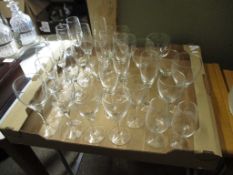 TRAY CONTAINING GLASS WARES, CHAMPAGNE FLUTES, WINE GLASSES ETC