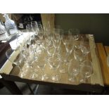 TRAY CONTAINING GLASS WARES, CHAMPAGNE FLUTES, WINE GLASSES ETC