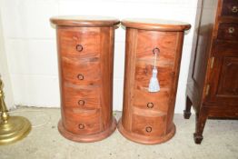 PAIR OF MODERN HARDWOOD CYLINDRICAL BEDSIDE CHESTS, EACH DIAM APPROX 35CM