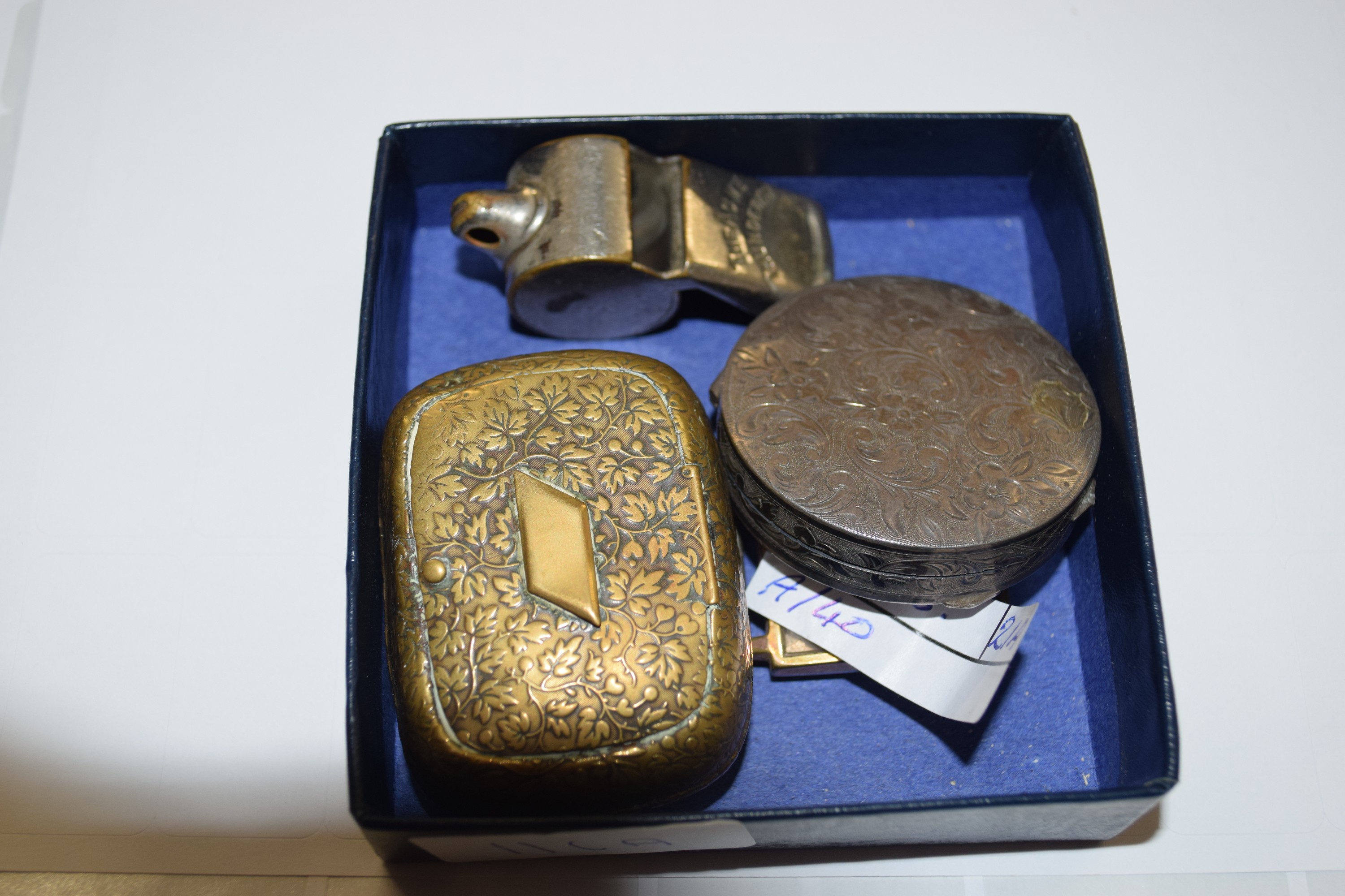 SMALL BOX CONTAINING ACME WHISTLE, WRIST WATCH CASE AND SMALL CIRCULAR SILVER METAL BOX WITH